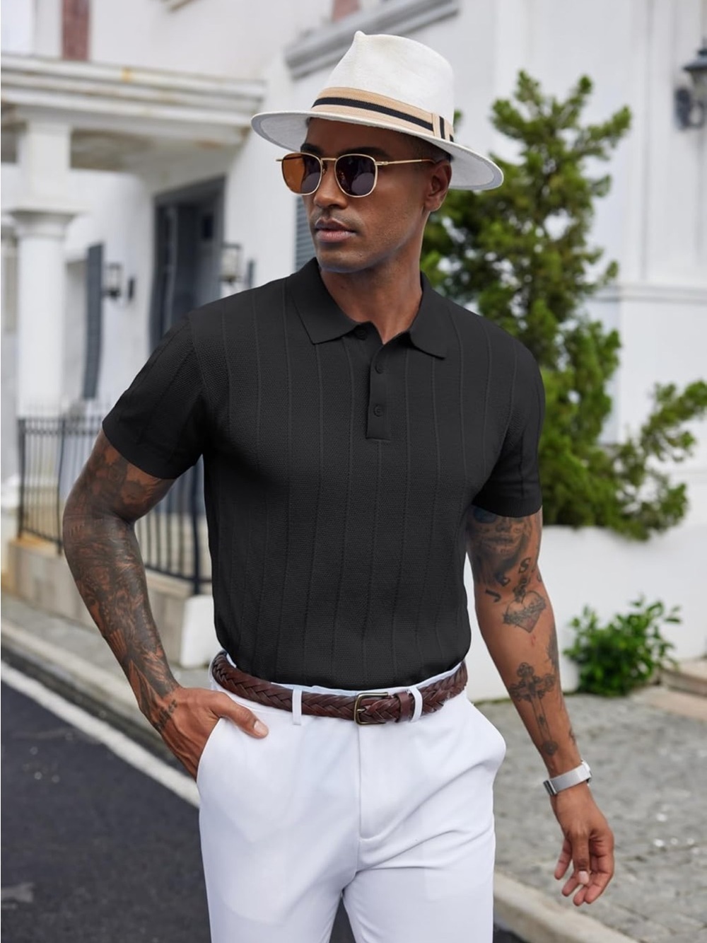 Coofandy Ribbed Short-Sleeve Knit Polo Shirt Black - Picture 15 of 16